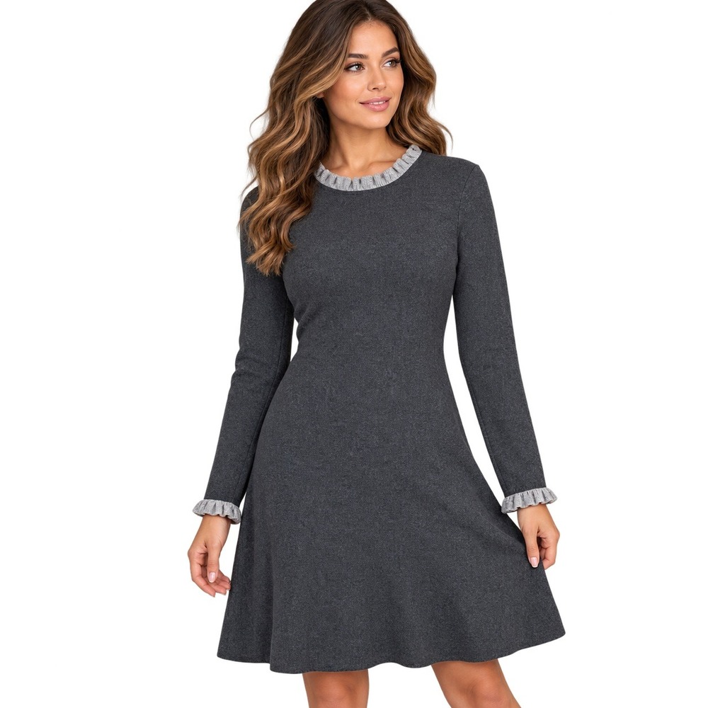 Adrienne Vittadini Women's L Charcoal Gray Sweater Dress Ruffle Trim Long Sleeve